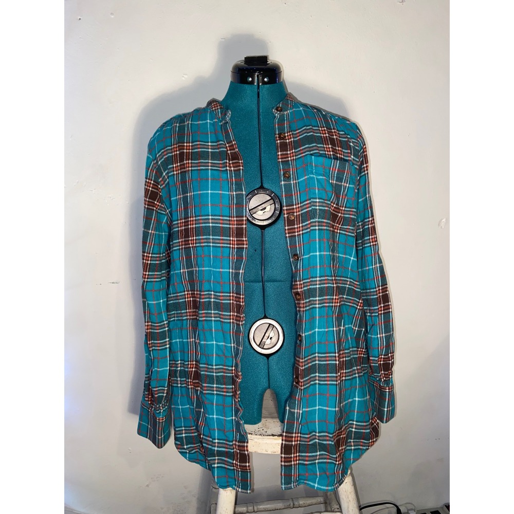 Lands End Teal Blue Brown Plaid Flannel Tunic Shirt Womens S With Pockets Soft